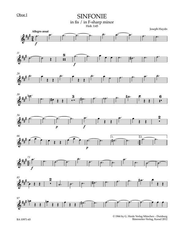 Sinfonie fis-Moll Hob.I:45&nbsp;&nbsp;für Orchester&nbsp;&nbsp;Harmoniestimmen