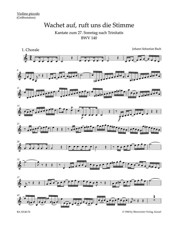 Wachet auf ruft uns die Stimme&nbsp;&nbsp;Kantate Nr.140 BWV140&nbsp;&nbsp;Violine piccolo (Griffnotation)