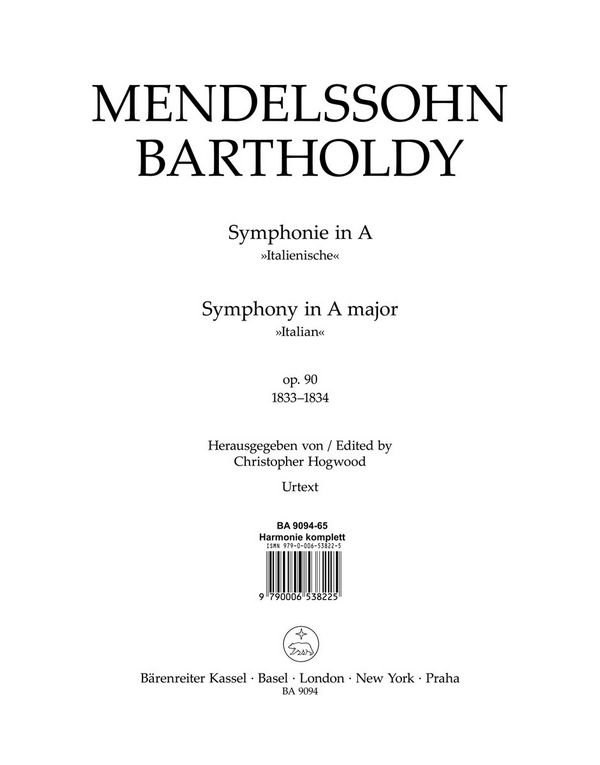 Mendelssohn Bartholdy, Felix Symphonie&nbsp;&nbsp;:&nbsp;&nbsp;Harmoniestimmen, Urtextausgabe 2 Fl/2 Ob/2 Klar/2 Fag/2 Hn/2 Trp/Pk