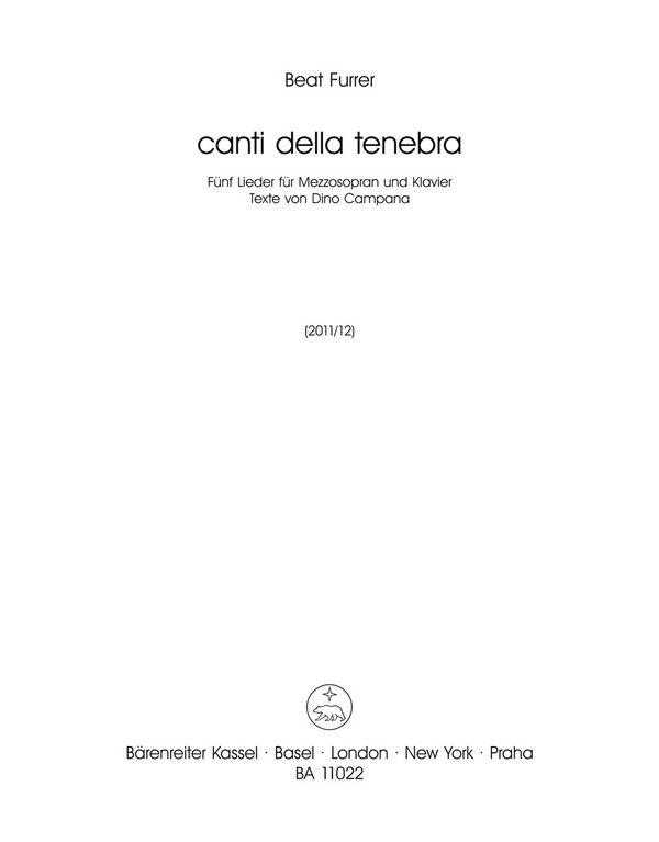 Canti della tenebra  für Mezzosopran und klavier  Partitur