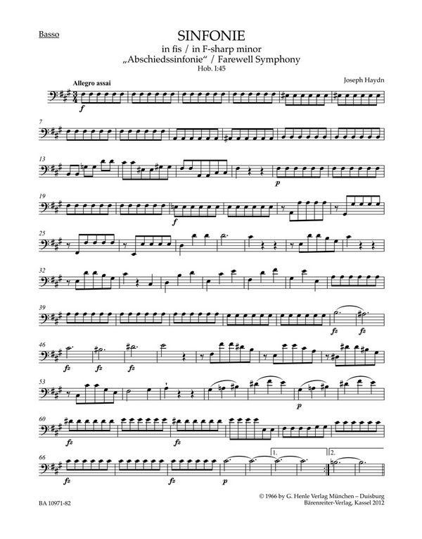 Sinfonie fis-Moll Hob.I:45&nbsp;&nbsp;für Orchester&nbsp;&nbsp;Spielpartitur Violoncello/Kontrabass