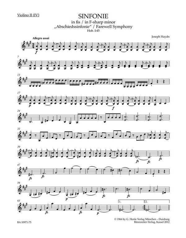 Sinfonie fis-Moll Hob.I:45&nbsp;&nbsp;für Orchester&nbsp;&nbsp;Spielpartitur Violine 2/4