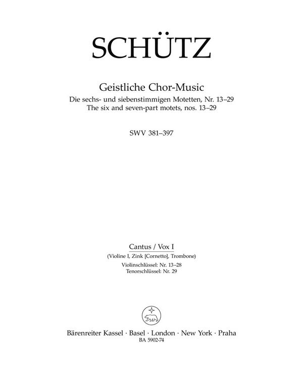 BA5902-74 Schütz, Die 6- und 7-stimmigen Motetten Nr.13-29 SWV381-397&nbsp;&nbsp;für gem Chor und Bc&nbsp;&nbsp;Violine 1 (Cantus, Vox 1)