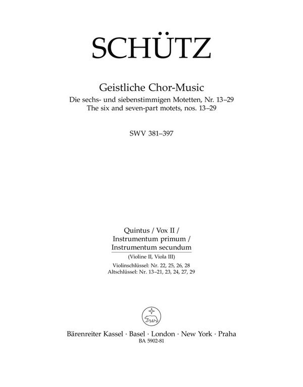 BA5902-81 Schütz, Die 6- und 7-stimmigen Motetten Nr.13-29 SWV381-397&nbsp;&nbsp;für gem Chor und Bc&nbsp;&nbsp;Quintus (Vox II, Instr. primum)