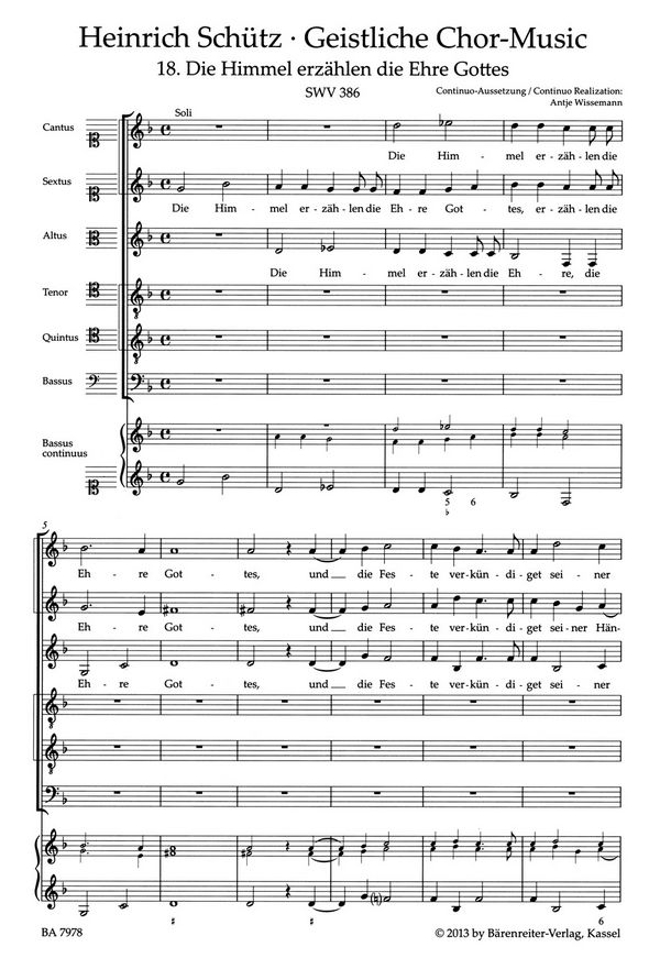 Die Himmel erzählen die Ehre Gottes SWV386&nbsp;&nbsp;für gem Chor und Bc&nbsp;&nbsp;Partitur