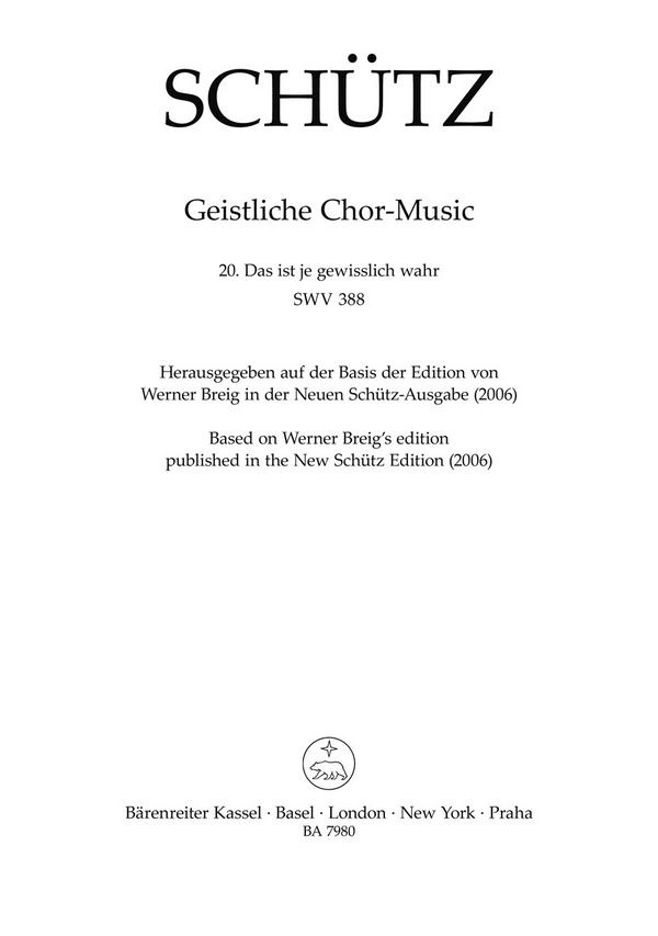 Das ist je gewisslich wahr SWV388&nbsp;&nbsp;für gem Chor und Bc&nbsp;&nbsp;Partitur