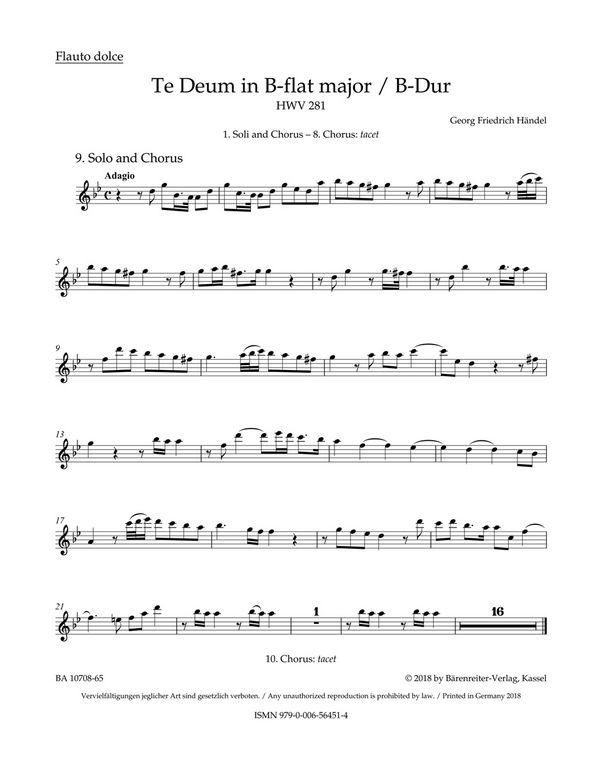 Händel, Georg Friedrich, Te Deum B-Dur HWV 281 (Cannons)&nbsp;&nbsp;Rec.,Ob,Trp&nbsp;&nbsp;Set of winds, Urtext edition