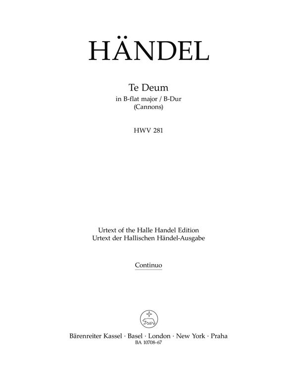 Händel, Georg Friedrich, Te Deum B-Dur HWV 281 (Cannons)&nbsp;&nbsp;Bc&nbsp;&nbsp;Part(s), Urtext edition
