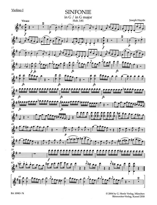 Haydn, Joseph, Symphony G major Hob. I:81&nbsp;&nbsp;V1&nbsp;&nbsp;Part(s), Urtext edition