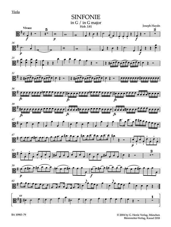 Haydn, Joseph, Symphony G major Hob. I:81&nbsp;&nbsp;Va&nbsp;&nbsp;Part(s), Urtext edition