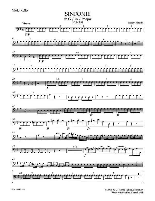 Haydn, Joseph, Symphony G major Hob. I:81&nbsp;&nbsp;Vc&nbsp;&nbsp;Part(s), Urtext edition