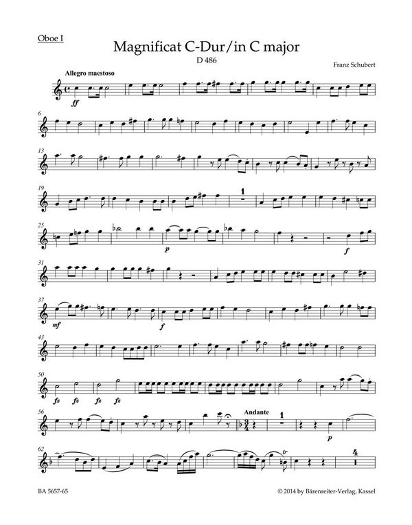 Schubert, Franz, Magnificat C-Dur D 486&nbsp;&nbsp;Ob1,Ob2,Bas.1,Bas.2,Trp1,Trp2,Timp.&nbsp;&nbsp;Set of winds, Urtext edition