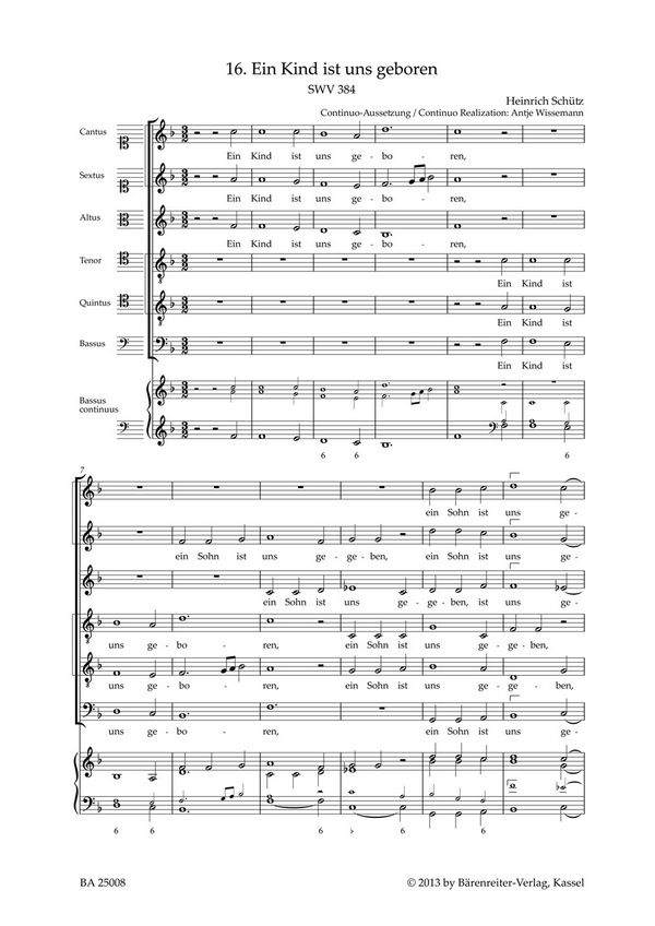Ein Kind ist uns geboren SWV384&nbsp;&nbsp;für gem Chor a cappella (Instrumente ad lib)&nbsp;&nbsp;Chorpartitur