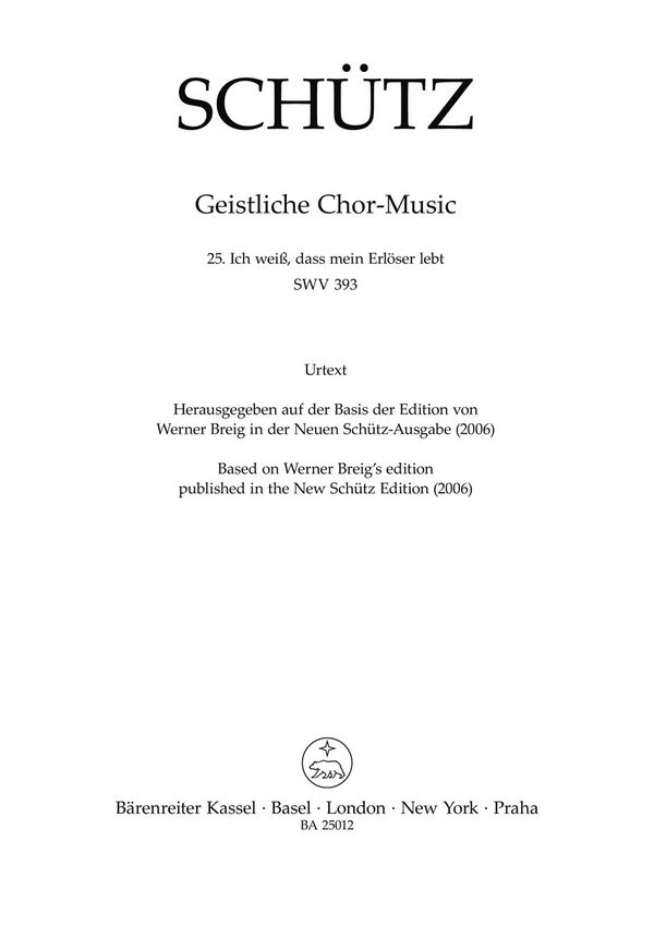 Ich weiss dass mein Erlöser lebt SWV393&nbsp;&nbsp;für gem Chor a cappella (Instrumente ad lib)&nbsp;&nbsp;Chorpartitur