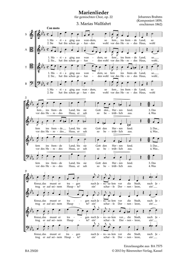 Marias Wallfahrt op.22,3&nbsp;&nbsp;für gem Chor a cappella&nbsp;&nbsp;Chorpartitur