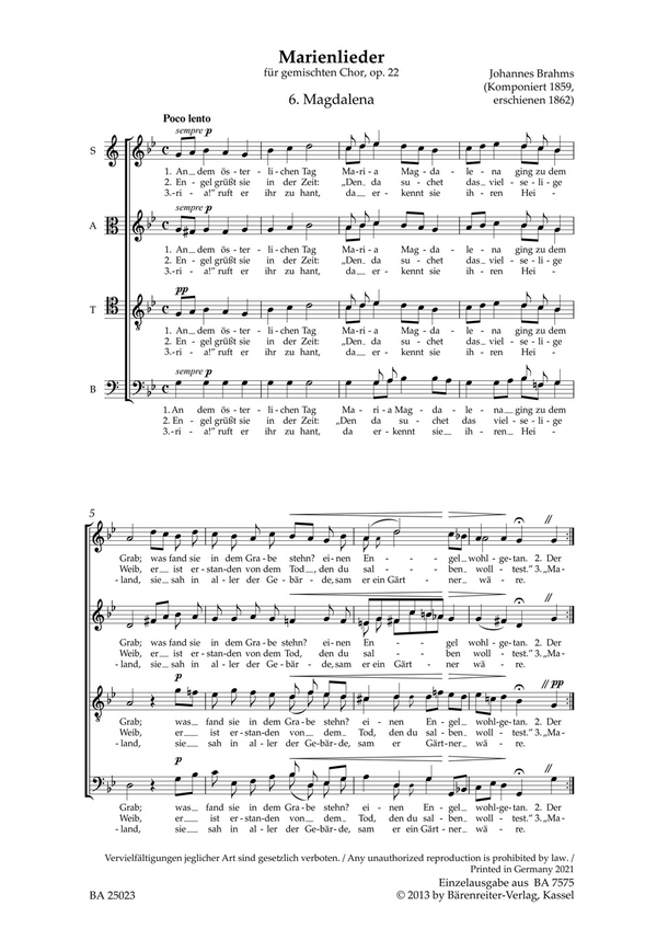 Magdalena op.22,6&nbsp;&nbsp;für gem Chor a cappella&nbsp;&nbsp;Chorpartitur