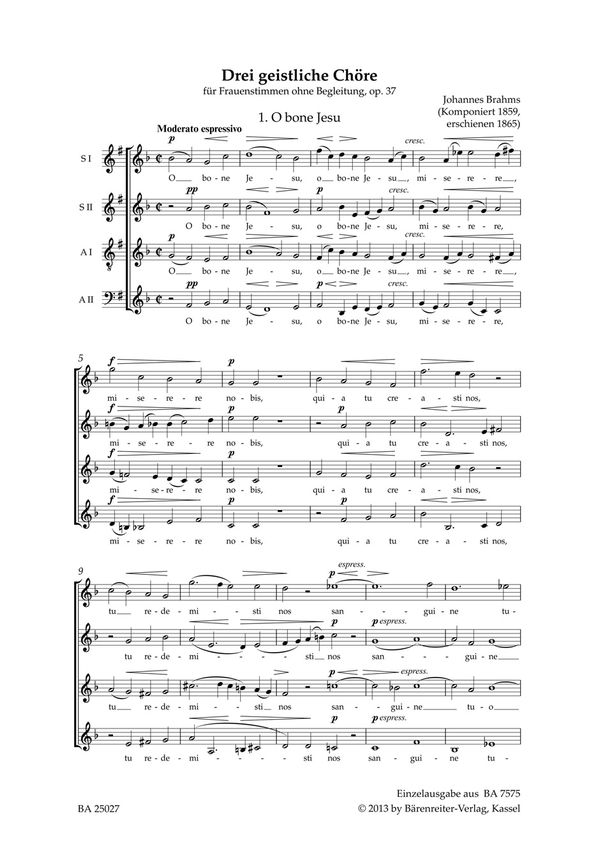 O bone Jesu op.37,1&nbsp;&nbsp;für Frauenchor a cappella&nbsp;&nbsp;Chorpartitur