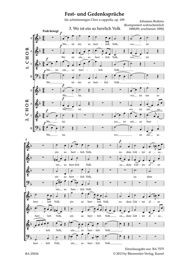 Wo ist ein so herrlich Volk op.109,3&nbsp;&nbsp;für gem Chor (SSAATTBB) a cappella&nbsp;&nbsp;Chorpartitur