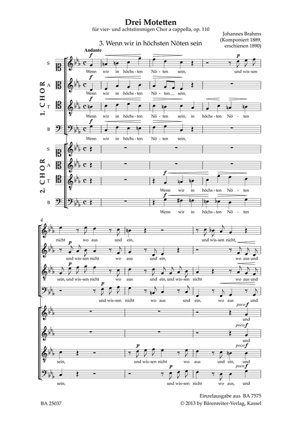 Wenn wir in höchsten Nöten sein op.110,3&nbsp;&nbsp;für gem Chor (SSAATTBB) a cappella&nbsp;&nbsp;Chorpartitur