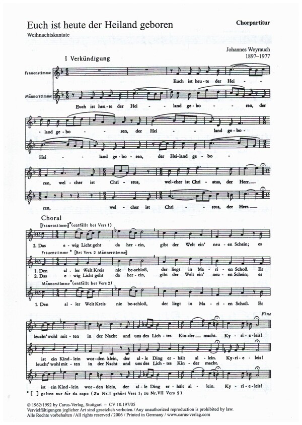 Euch ist heute der Heiland geboren&nbsp;&nbsp;für Sopran, Tenor (Chor) und Orgel&nbsp;&nbsp;Chorpartitur