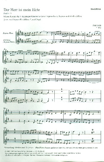 Der Herr ist mein Hirte für Kinderchor,  Sopranblockflöte, Altblockflöte und Orgel  Flötenstimme