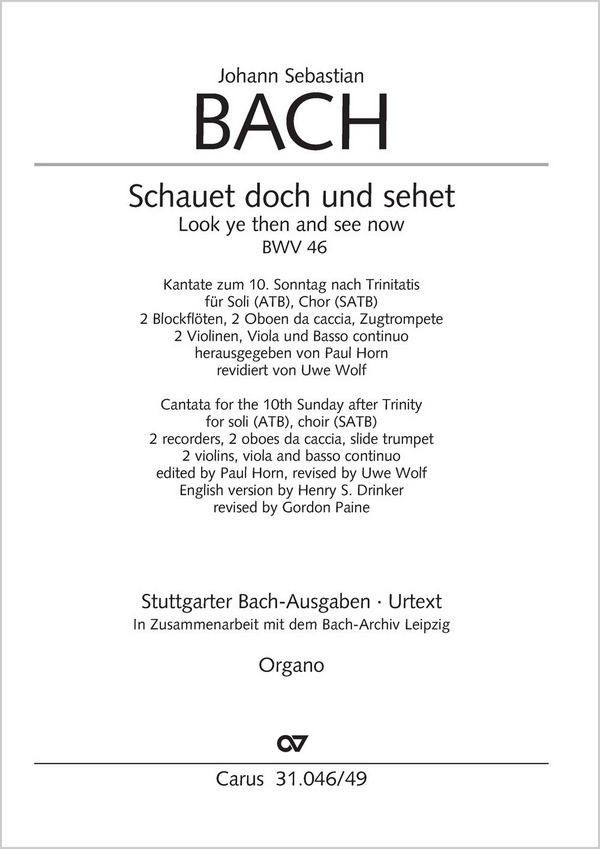 Schauet doch und sehet, ob irgend ein Schmerz&nbsp;&nbsp;Soli ATB, Coro SATB, Tr [Tromba da tirarsi], 2 Blfl f1, 2 Obca, Str, O&nbsp;&nbsp;ORG