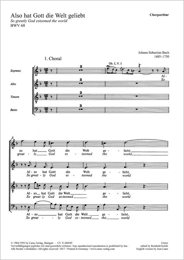 Also hat Gott die Welt geliebt&nbsp;&nbsp;Soli SB, Coro SATB, 2 Ob, Taille (Eh), Cto (Zn, Tr), 3 Trb, Str (Vc pi&nbsp;&nbsp;CH CP