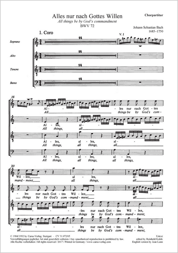 Alles nur nach Gottes Willen&nbsp;&nbsp;Soli SAB, Coro SATB, 2 Ob, Str, Org&nbsp;&nbsp;CH CP
