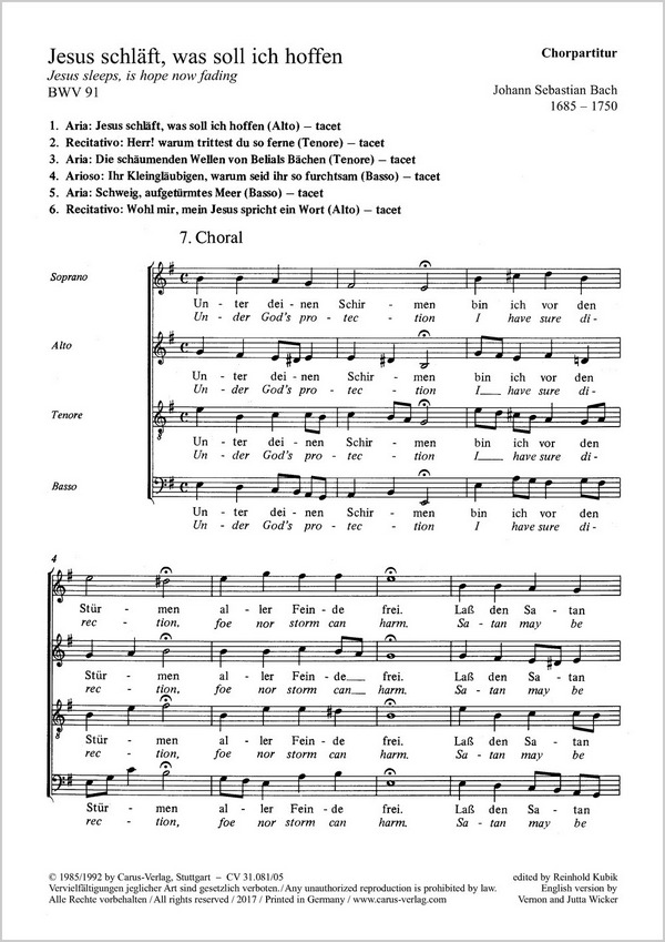 Jesus schläft, was soll ich hoffen&nbsp;&nbsp;Soli ATB, Coro SATB, 2 Blfl f1, 2 Obda, Str, Org&nbsp;&nbsp;CH CP