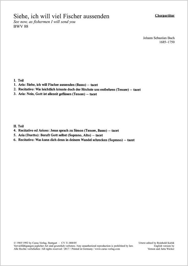 Siehe, ich will viel Fischer aussenden&nbsp;&nbsp;Soli SATB, Coro SATB, 2 Cor, 2 Obda, Taille (Eh), Str, Org&nbsp;&nbsp;CH CP
