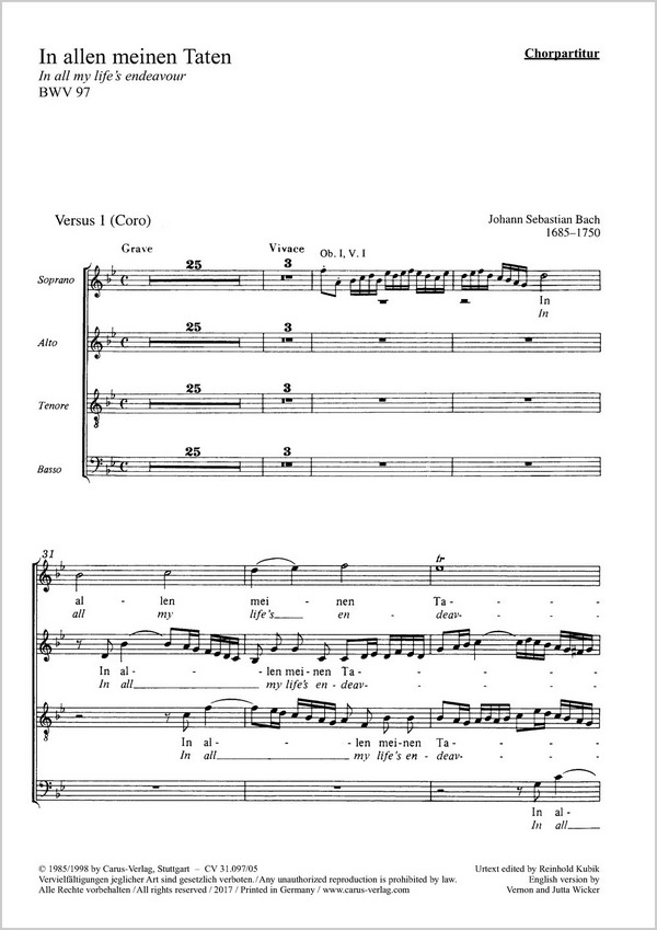 In allen meinen Taten&nbsp;&nbsp;Kantate Nr.97 BWV97&nbsp;&nbsp;Chorpartitur