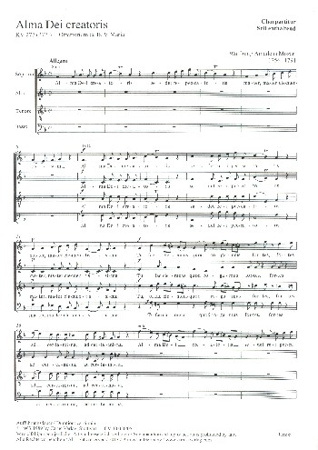 Alma Dei creatoris KV277 (KV272a)&nbsp;&nbsp;für Soli, gem Chor, 2 Violinen und Bc (3 Pos ad lib)&nbsp;&nbsp;Chorpartitur