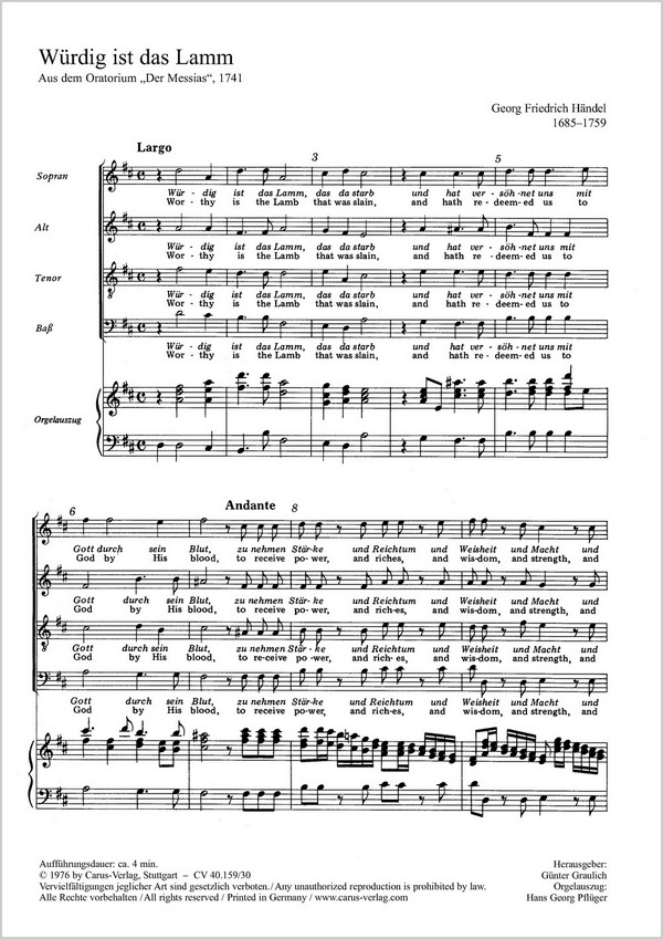 Würdig ist das Lamm&nbsp;&nbsp;Coro SATB, Org&nbsp;&nbsp;OA
