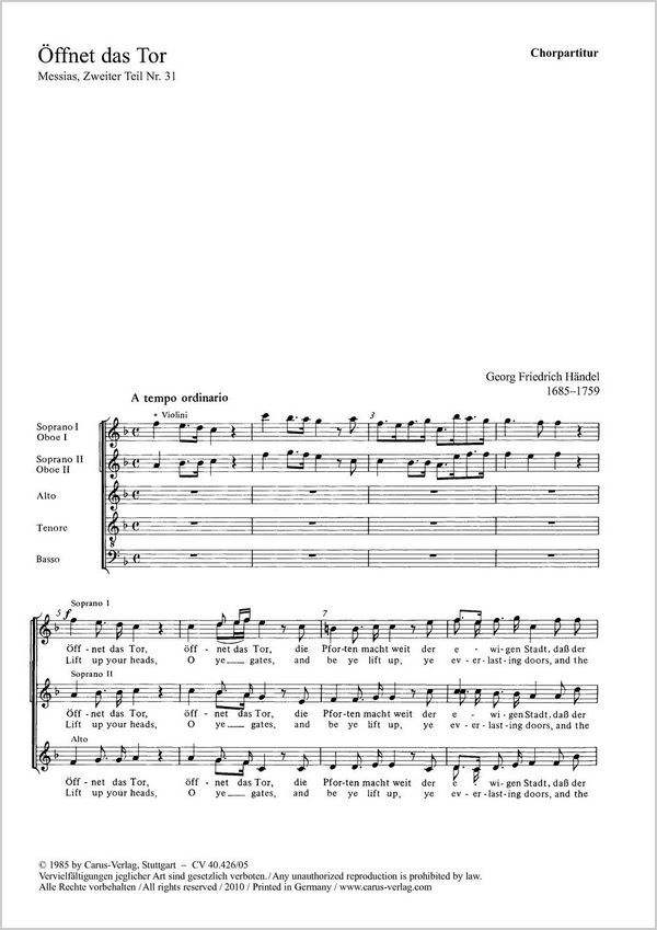 Öffnet das Tor&nbsp;&nbsp;Version 1 (orig.): Coro SSATB, 2 Vl, Va, Vc/Cb, Org [2 Ob]  Version 2&nbsp;&nbsp;CH CP