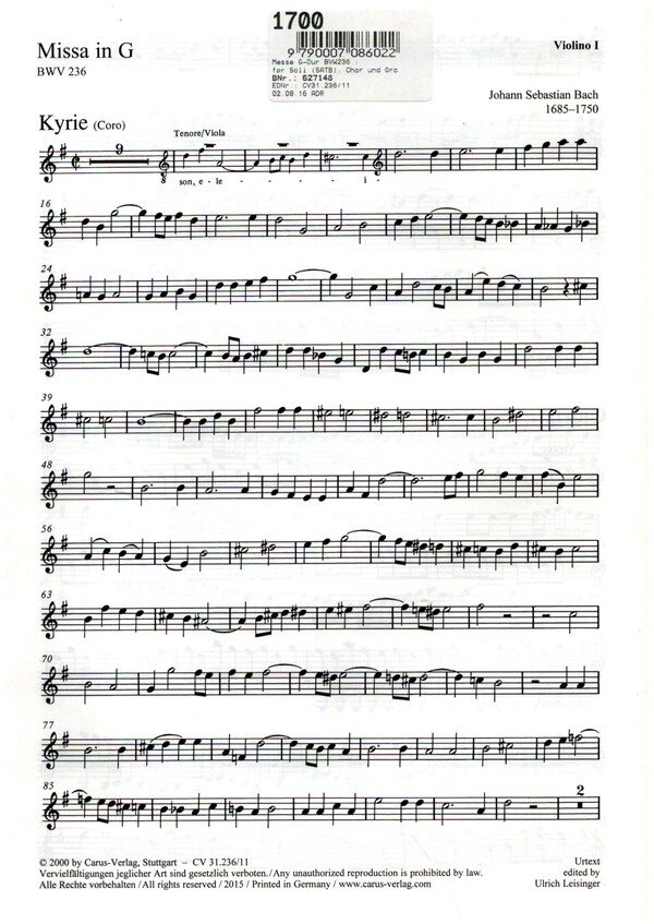 Messe G-Dur BVW236&nbsp;&nbsp;fpr Soli (SATB), Chor und Orchester&nbsp;&nbsp;Violine 1