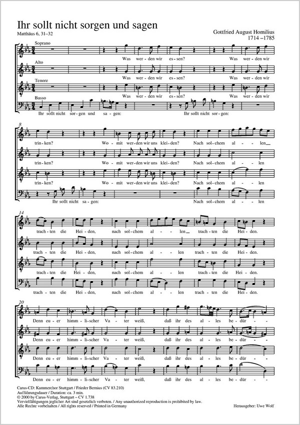 Ihr sollt nicht sorgen und sagen  für gem Chor a cappella  Partitur