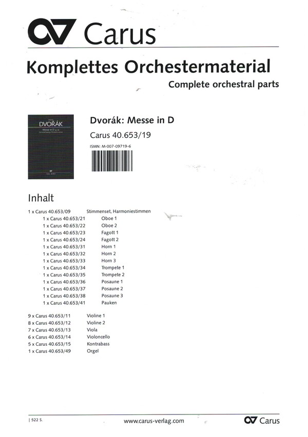 Messe D-Dur op.86  für Soli, gem Chor und Orchester  Stimmenset, Komplettes Orchestermaterial