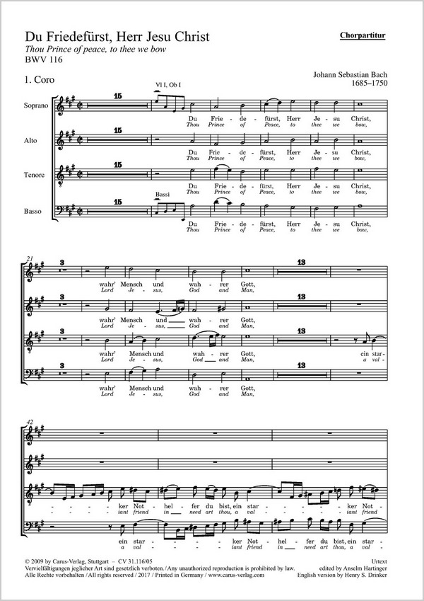 Bach, Johann Sebastian Du Friedefürst, Herr Jesu Christ&nbsp;&nbsp;Soli SATB, Coro SATB, 2 Obda, [Cor], 2 Vl, Va, Bc&nbsp;&nbsp;Chorpartitur