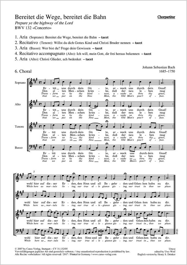 Bereitet die Wege bereitet die Bahn&nbsp;&nbsp;Kantate Nr.132 BWV132&nbsp;&nbsp;Chorpartitur