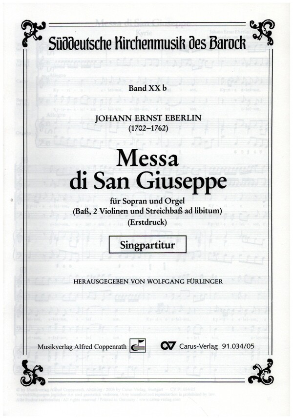 Messa di San Giuseppe  für Sopran und Orgel (Streicher ad lib)  Partitur (ohne Umschlag)