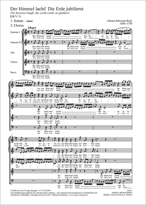 Bach, Johann Sebastian Der Himmel lacht! Die Erde jubilieret&nbsp;&nbsp;Soli STB, Coro SSATB, Ob, 3 Tr, Timp, 2 Vl, 2 Va, Bc, [2 Ob, Taille, F&nbsp;&nbsp;Chorpartitur