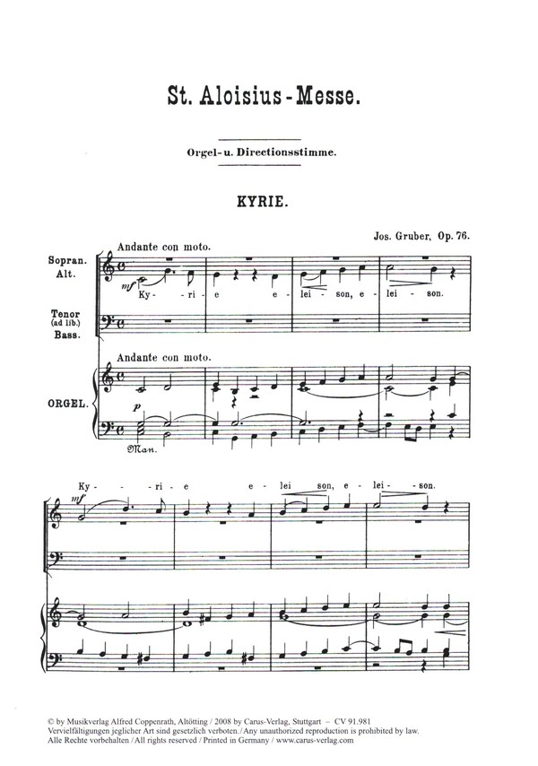 St. Aloisius-Messe op.76  für gem Chor und Orgel  Chorpartitur
