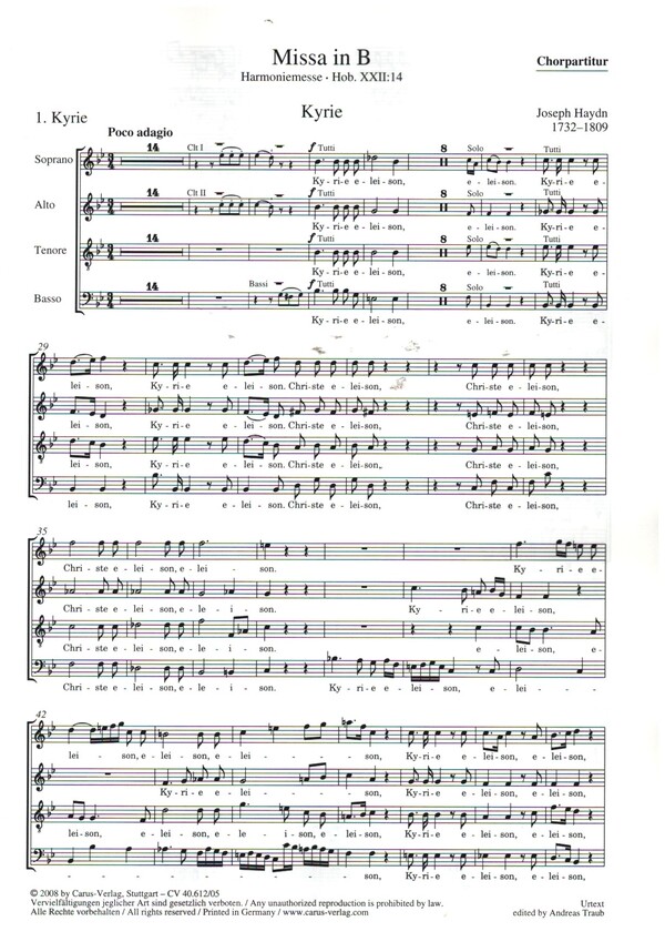 Harmoniemesse B-Dur Hob.XXII:14&nbsp;&nbsp;für Soli, gem Chor und Orchester&nbsp;&nbsp;Chorpartitur (la)