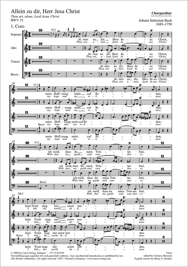 Allein zu dir Herr Jesu Christ&nbsp;&nbsp;Kantate Nr.33 BWV33&nbsp;&nbsp;Chorpartitur