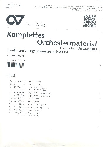 Grosse Orgelsolo-Messe Es-Dur Hob.XXII:4&nbsp;&nbsp;für Soli, gem Chor und Orchester&nbsp;&nbsp;Stimmensatz (Streicher 6-5-4)