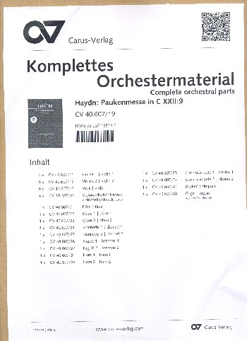 Paukenmesse C-Dur Hob.XXII:9&nbsp;&nbsp;für Soli, gem Chor und Orchester&nbsp;&nbsp;Stimmensatz (Streicher 6-5-4-4)