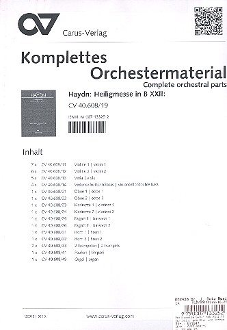 Heiligmesse B-Dur Hob.XXII:10&nbsp;&nbsp;für Soli, gem Chor und Orchester&nbsp;&nbsp;komplettes Orchestermaterial
