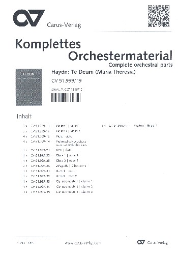 Te Deum für die Kaiserin Marie Therese Hob.XXIIIc:2&nbsp;&nbsp;für gem Chor und Orchester&nbsp;&nbsp;Orchestermaterial Set (Streicher5/5/4/4)