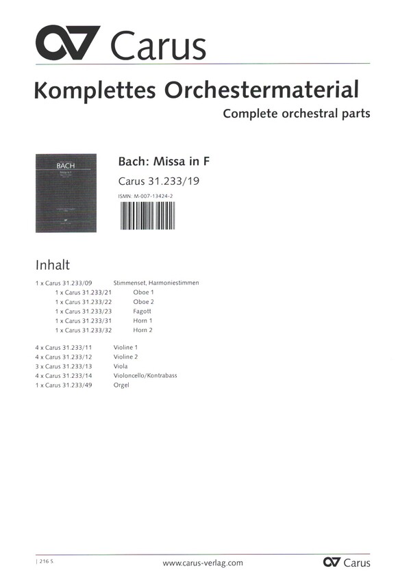 Missa in F&nbsp;&nbsp;für Soli (SAB), gem Chor und Orchester&nbsp;&nbsp;Orchestermaterial (Harmonie und Streicher 4-4-3-4-1)