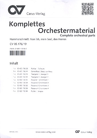 Nun lob mein Seel den Herren&nbsp;&nbsp;für Sopran, Blechblasinstrumente und Bc (Pauken ad lib)&nbsp;&nbsp;Partitur und Instrumentalstimmen